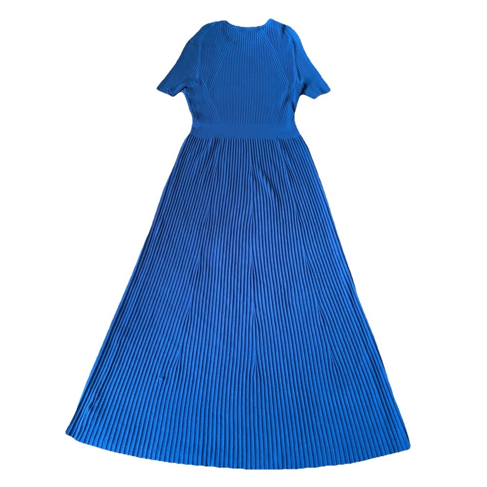 Ann Mashburn Blue Ribbed Knit Sweater Dress Large Fit Flare Designer Work Event - Picture 2 of 11